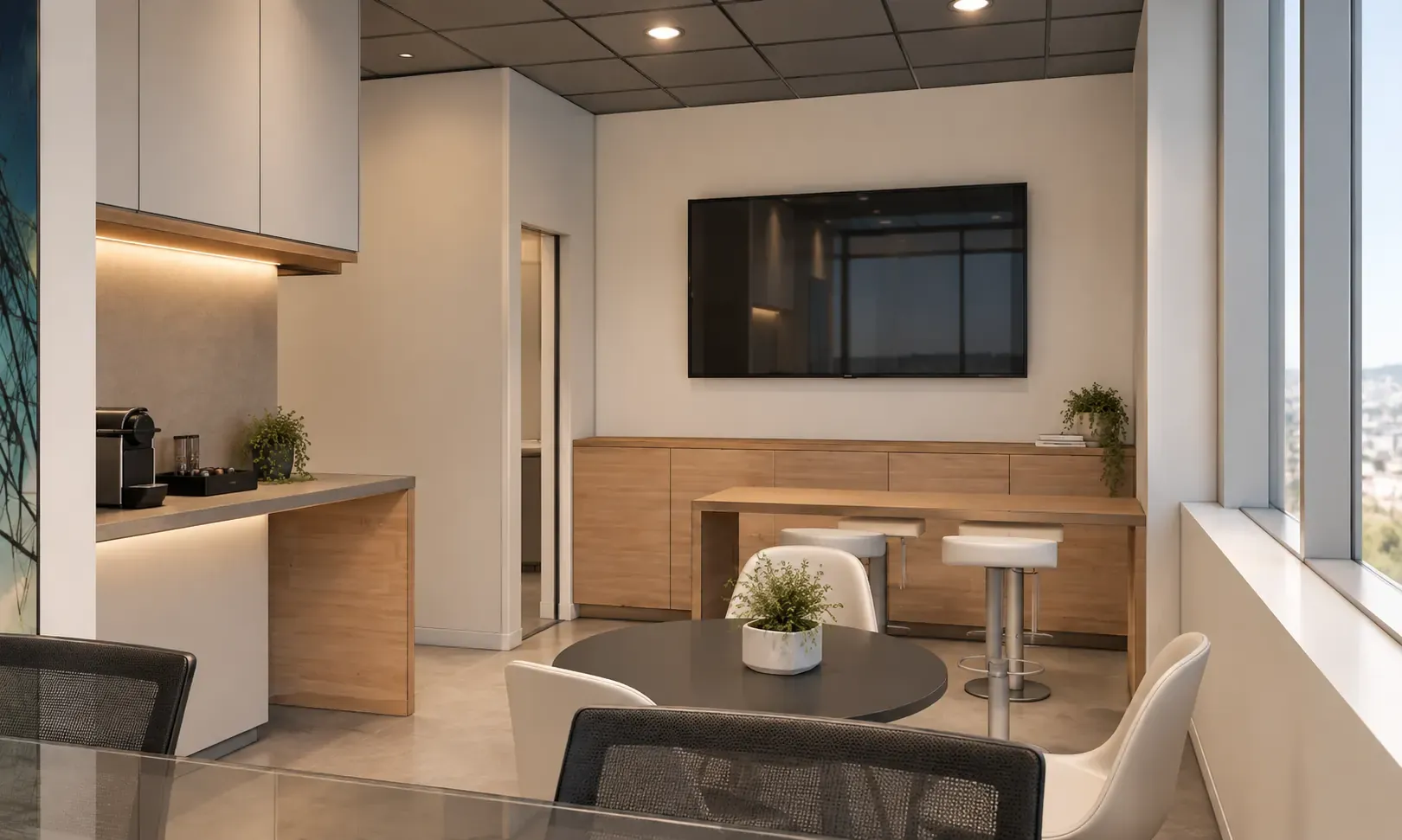 Diseño interior de oficina corporativa con área colaborativa y mobiliario a medida - Depton Arquitectura
