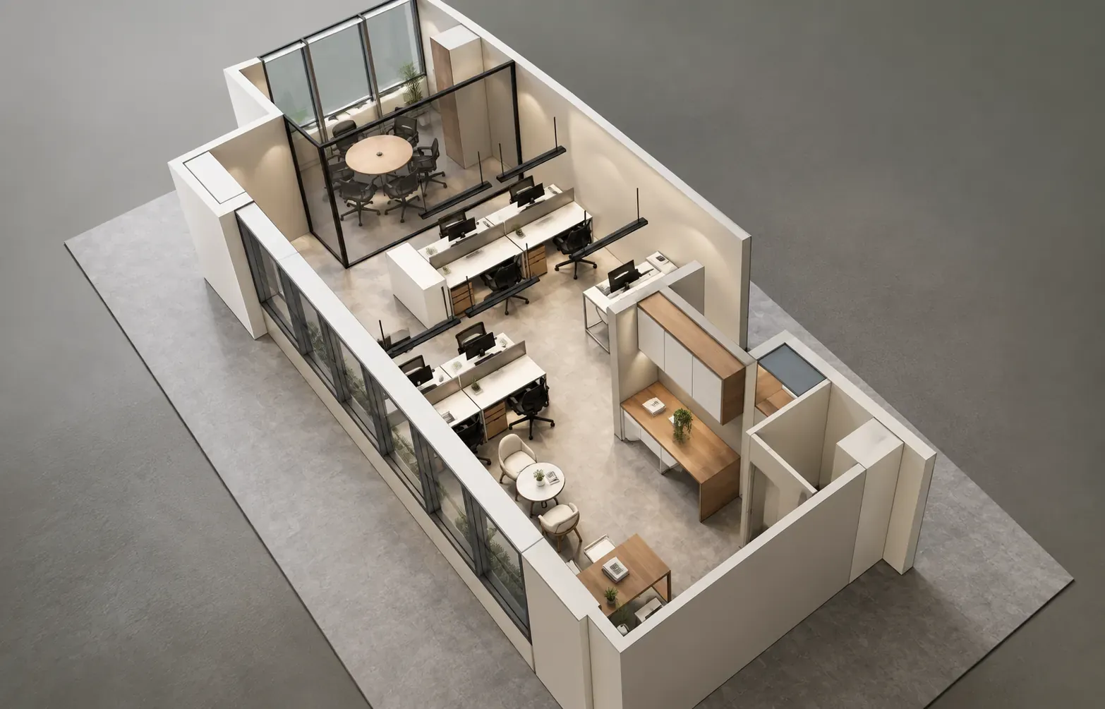 Distribución 3D de oficina corporativa desarrollada por Depton Arquitectura