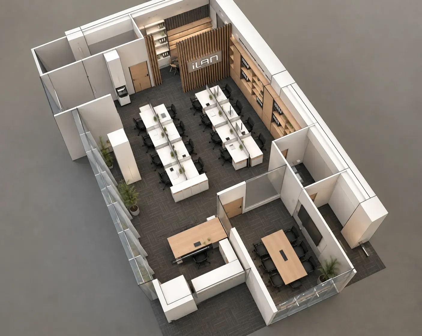 Planta 3D de oficina ILAN con estaciones de trabajo y salas de reunión - Depton Arquitectura